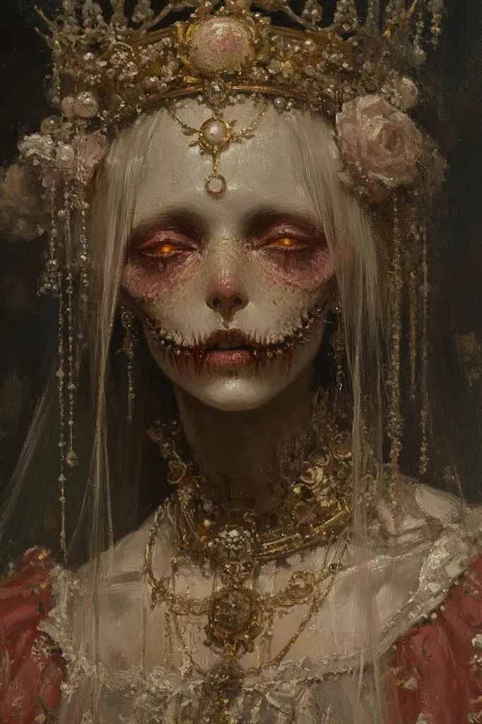 A digital painting depicts a pale, unsettling woman crowned with ornate gold and pearls.  Her face is marred, with a stitched smile and glowing orange eyes.  She wears lavish gold jewelry and a crimson gown, the overall aesthetic blending macabre beauty with regal decay. The style suggests dark fantasy or gothic art.