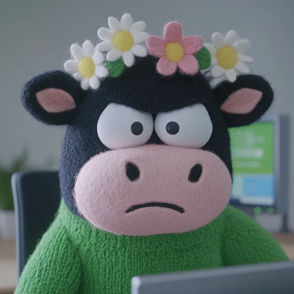 A grumpy-looking black cow plush toy, wearing a green sweater and a flower crown, sits at a desk in front of a computer.  Its large eyes and furrowed brow convey frustration. The setting appears to be an office.  The cow's expression is one of clear displeasure.