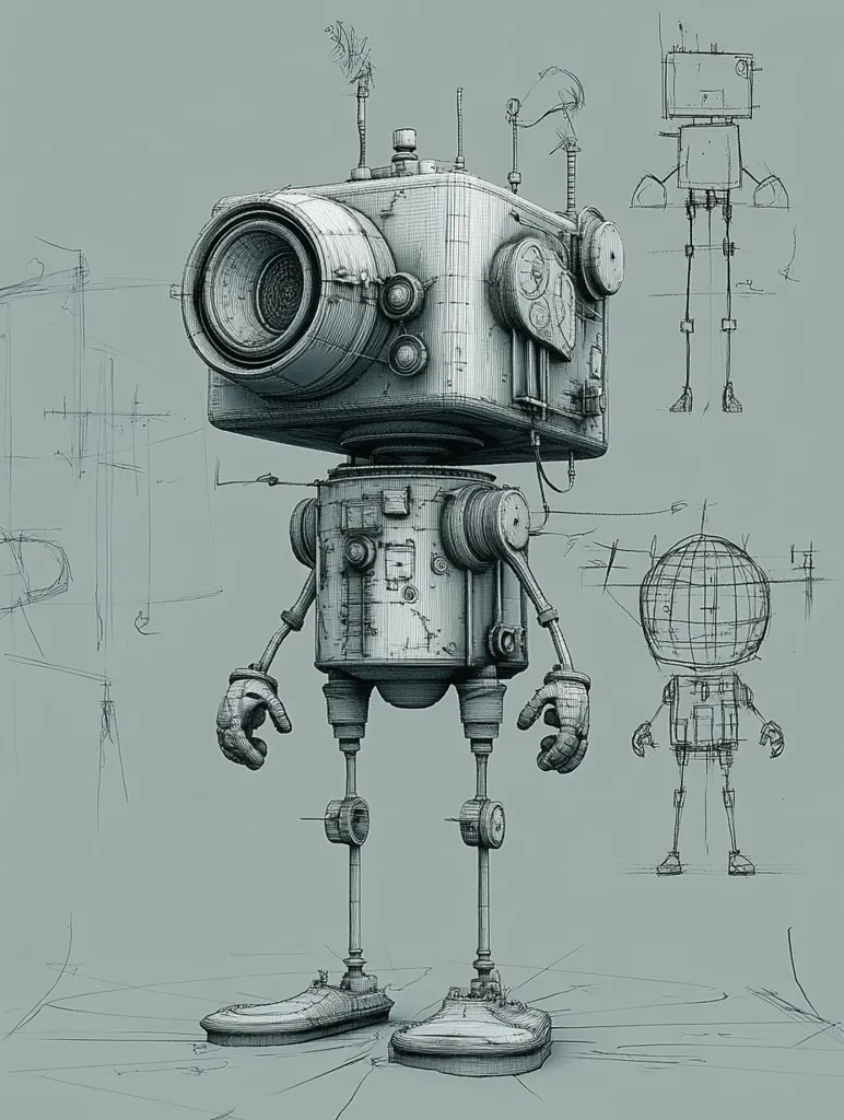 A detailed, pen-and-ink style illustration of a steampunk-inspired robot.  The robot has a large camera-like head and a boxy body, with visible mechanical joints and wear.  Accompanying sketches show design blueprints and alternative robot forms, suggesting a design process.  The overall style is intricate and detailed, evoking a sense of vintage engineering.