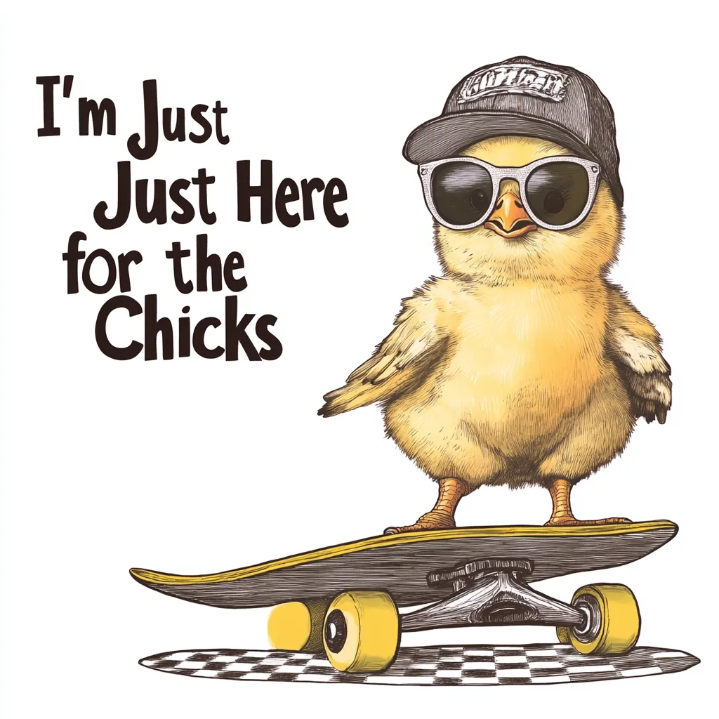 A cool chick, sporting sunglasses and a baseball cap, stands on a skateboard.  The phrase "I'm Just Just Here for the Chicks" is prominently displayed.  The illustration is drawn in a detailed, hand-drawn style, giving it a vintage feel.  The chick's confident pose and the playful text create a humorous image.