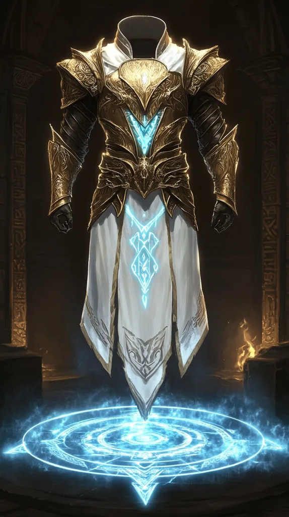 A majestic suit of golden armor, intricately detailed, stands on a glowing blue circular rune.  The armor includes a flowing white robe with ethereal blue markings. The scene is dimly lit, emphasizing the armor's ornate design and the mystical energy emanating from the rune beneath. The overall impression is one of power and magical significance.