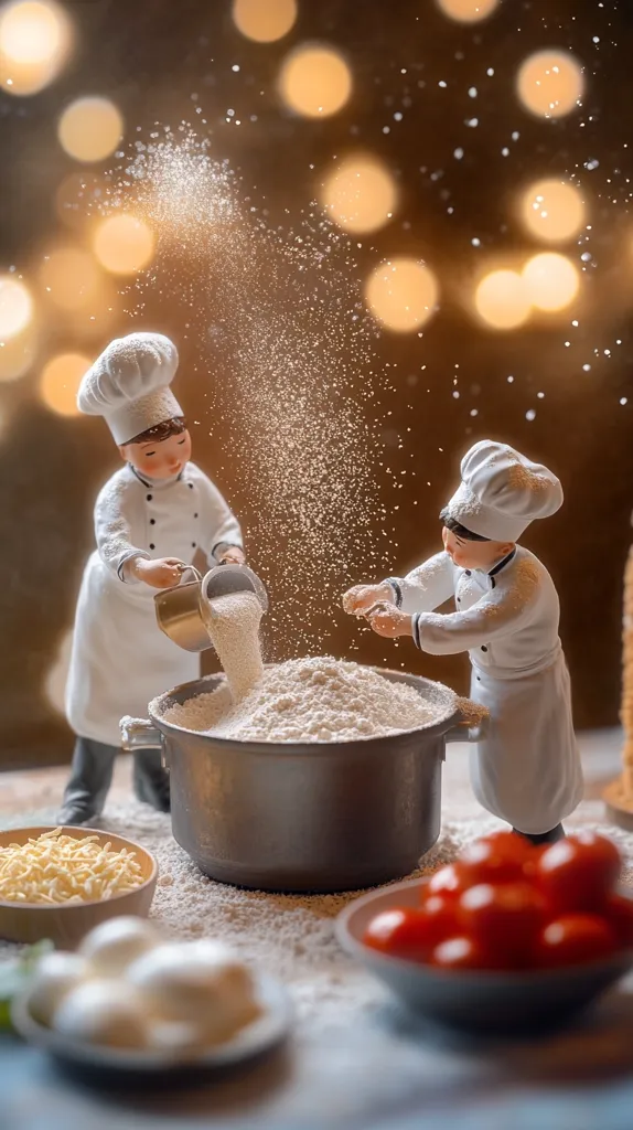 Two miniature chefs in white uniforms add flour to a large pot, creating a snowy effect.  Surrounding them are bowls of grated cheese, mozzarella balls, and a bowl of cherry tomatoes, suggesting pizza preparation. The background is softly blurred with warm bokeh lights, adding a whimsical and festive atmosphere to the scene.