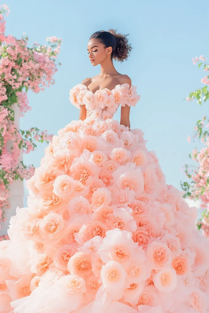 A model with dark curly hair wears a stunning off-the-shoulder gown.  The dress is a breathtaking creation entirely covered in delicate, peach-colored fabric roses, creating a voluminous, romantic silhouette. The background features blossoming pink flowers, enhancing the ethereal beauty of the scene. The overall image evokes a dreamy, whimsical feel.