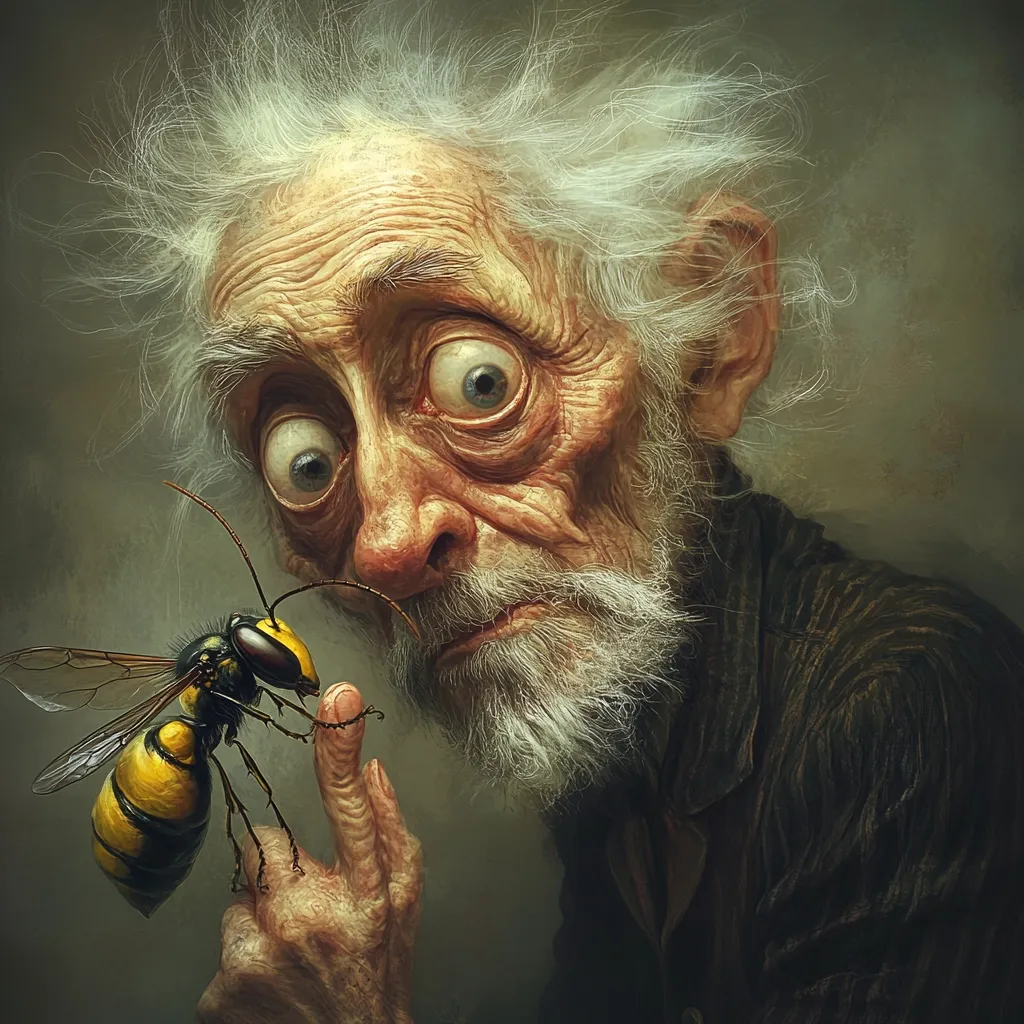 A detailed digital painting depicts an elderly man with long white hair and a wrinkled face, his expression a mix of surprise and apprehension.  His large, wide eyes are focused on a large wasp perched on his finger. The man's attire is simple and dark, contrasting with the bright yellow and black of the insect. The background is muted, drawing attention to the central figures. The overall style is realistic, yet imbued with a whimsical, slightly unsettling quality.