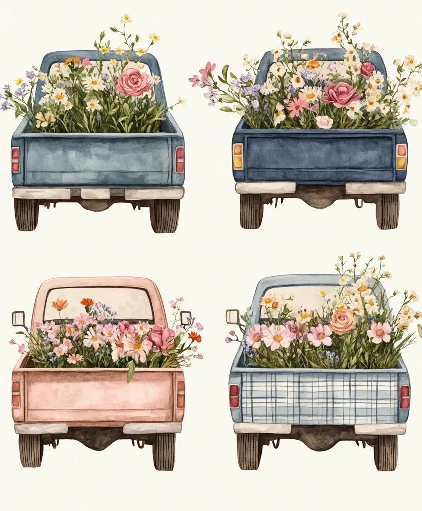Four vintage pickup trucks, viewed from the rear, are overflowing with vibrant bouquets of wildflowers.  Two trucks are a muted blue, one is pale pink, and one features a blue and white plaid truck bed.  The watercolor-style illustration evokes a charming, rustic aesthetic, perfect for a springtime or floral-themed design.