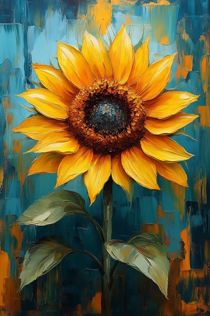 A vibrant oil painting depicts a single sunflower against a textured teal background. The sunflower's petals are richly colored, with visible brushstrokes showcasing the artist's technique.  The dark teal background complements the sunflower's yellow and brown hues, creating a striking contrast. The leaves are painted with a similar impasto style, adding depth and texture to the overall composition. The painting exudes warmth and vibrancy.