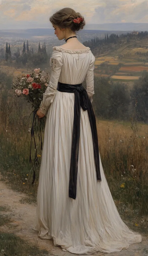 A woman in a flowing white gown, cinched with a dark ribbon at the waist, stands on a path overlooking a picturesque landscape. She holds a bouquet of flowers, her gaze directed downward. The scene evokes a sense of serene contemplation and romantic longing, set against a backdrop of rolling hills and distant trees under a soft sky.  Her hair is elegantly styled, adorned with flowers.