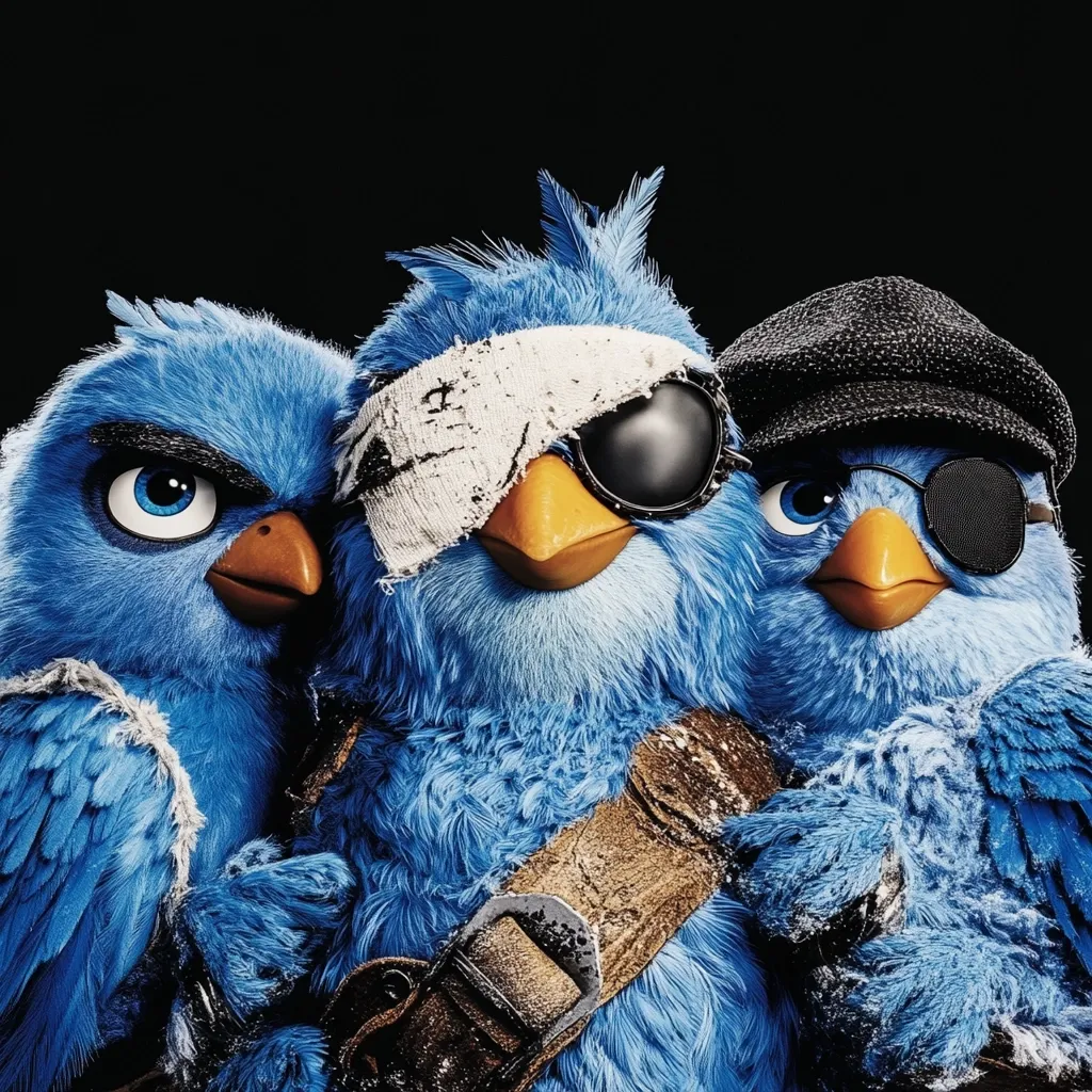 Three blue birds, resembling the Angry Birds characters, are closely huddled together.  The central bird sports a tattered bandage and eye patch, while the bird to its right wears a newsboy cap and also has an eye patch.  The bird on the left has a fierce expression. All three have a fluffy texture and are positioned against a dark background.