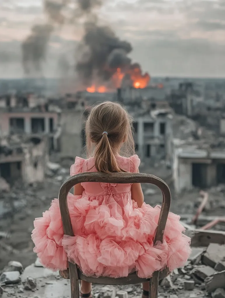 A young girl in a pink dress sits on a chair amidst the rubble of a war-torn city.  Her back is to the camera, her gaze fixed on a burning building in the distance.  The contrast between her delicate appearance and the harsh reality of her surroundings creates a powerful image of innocence lost in the face of conflict.  Smoke billows from the fire, a stark backdrop to her solitary figure.