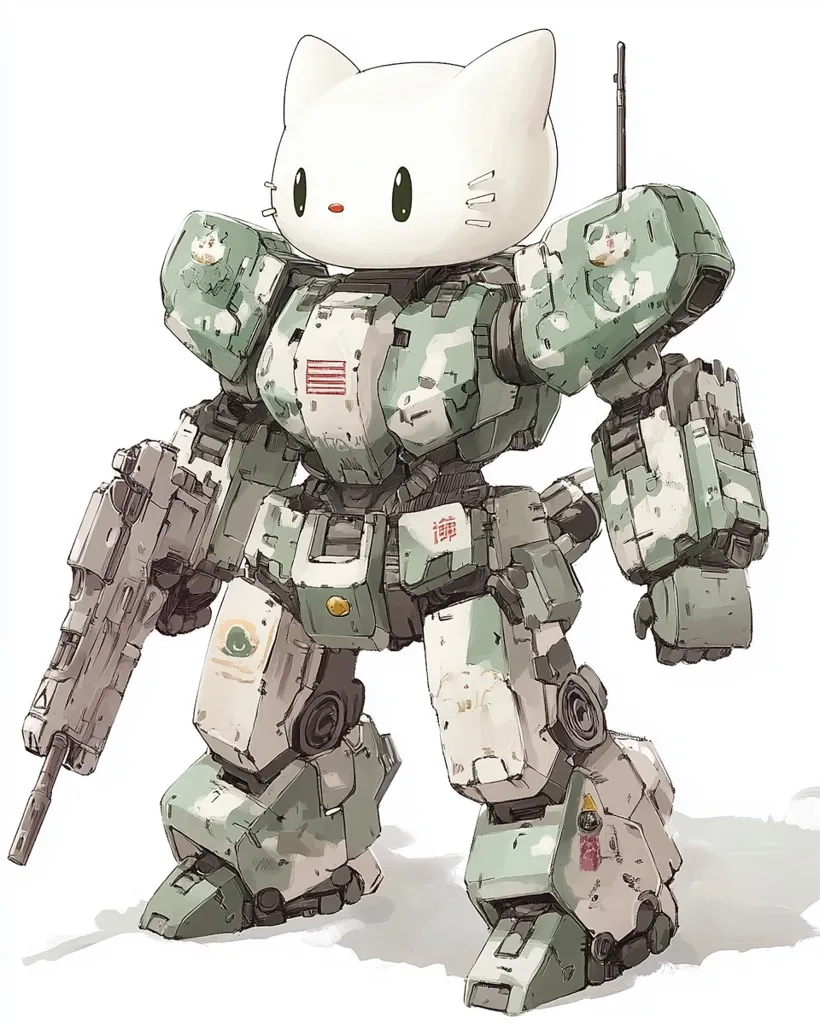 A mecha robot, predominantly green and white, is depicted. Its head is uniquely shaped like Hello Kitty, adding a cute contrast to its military-like design.  The robot is armed with a large rifle, standing in a poised stance.  The artwork style is a blend of realism and cartoon elements, creating a distinctive visual appeal.  Various symbols and markings are visible on its body.