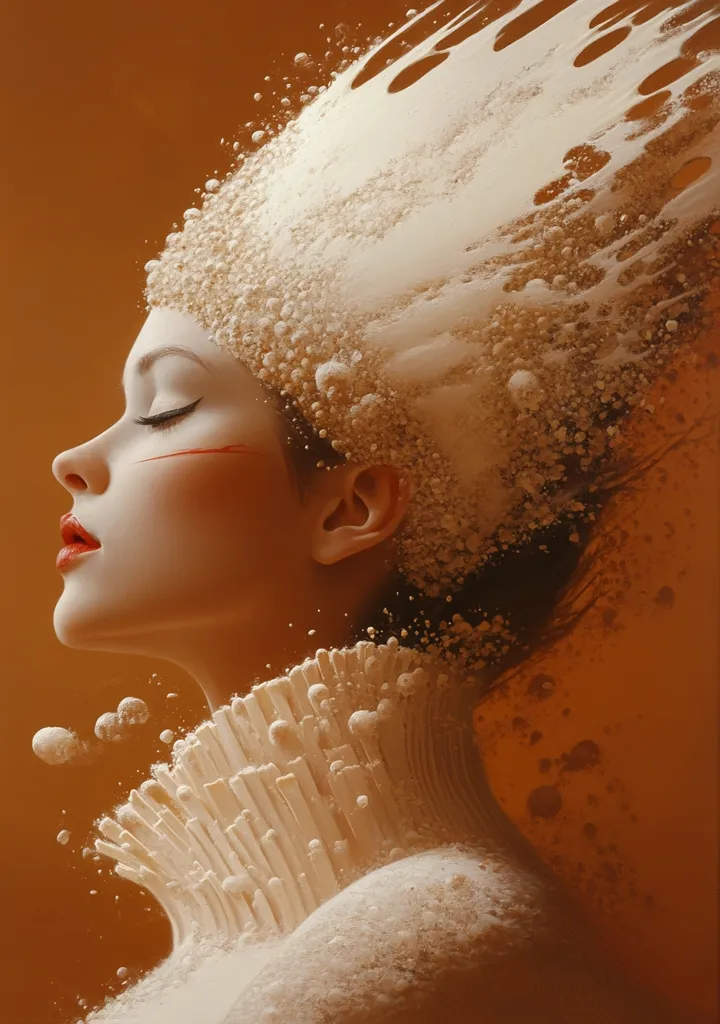 A digital painting depicts a woman's serene profile against a warm orange backdrop.  She is adorned with a crown and high-collared garment, both seemingly composed of a textured, off-white substance resembling solidified foam or tiny bubbles.  The crown bursts upward in dynamic, spiky formations, while the collar creates a dramatic contrast against her neck and shoulders.  A faint red mark graces her cheek, adding a touch of mystery.  The overall effect is ethereal and dreamlike.