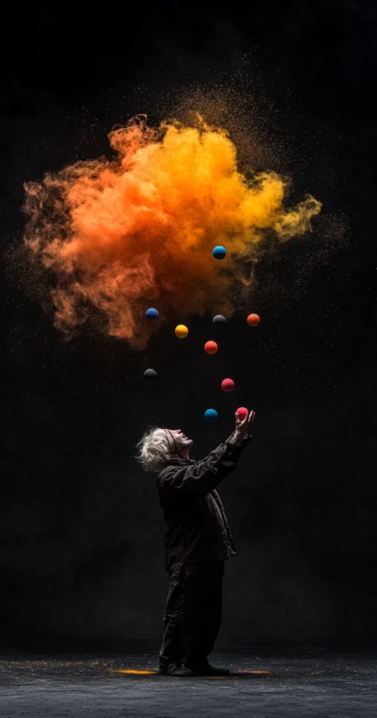A lone figure, silhouetted against a dark background, juggles colorful balls.  A vibrant orange cloud of powder explodes behind them, creating a dramatic contrast. The image is striking, highlighting the performer's skill and the artistry of the moment. The dark setting emphasizes the bright colors of the balls and the powder cloud.