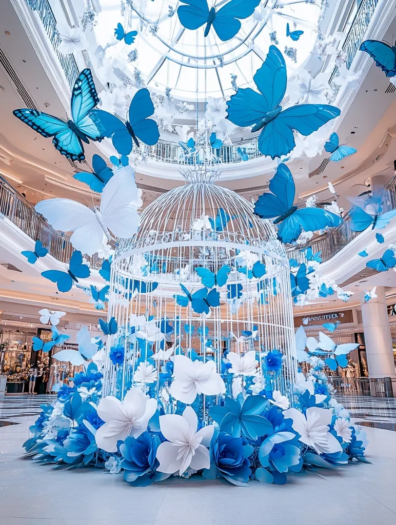 A large, white birdcage is the centerpiece of a stunning display, surrounded by numerous paper butterflies and flowers in shades of blue and white.  The butterflies are suspended from the ceiling of a grand, light-filled atrium, creating a whimsical and elegant atmosphere.  The overall effect is one of ethereal beauty and delicate charm.