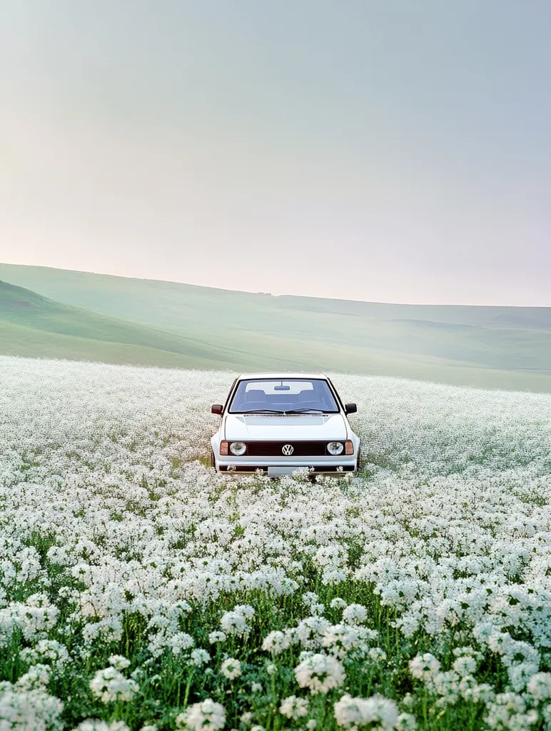 A white Volkswagen Golf is parked in a vast field of white flowers. The car faces the camera, and the scene is bathed in soft, diffused light.  The gentle rolling hills in the background create a serene and peaceful atmosphere. The image evokes a feeling of tranquility and solitude.