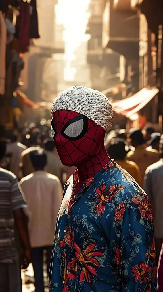 A Spider-Man cosplayer, wearing a grey knitted cap over his red and blue suit, stands in a bustling Indian marketplace.  He's dressed in a vibrant, floral button-down shirt, creating a striking contrast between the superhero costume and the everyday clothing. The background is filled with blurred figures and the warm tones of a sun-drenched street scene.