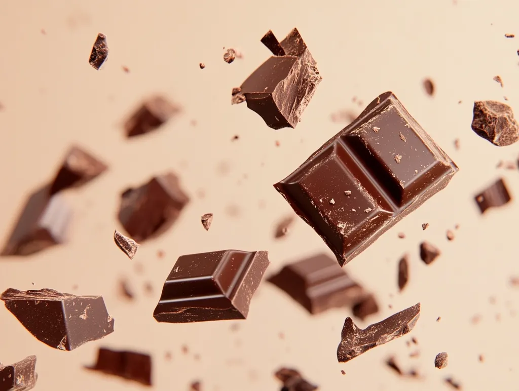 A burst of dark chocolate pieces floats against a beige backdrop.  Large and small fragments of the chocolate bar are suspended in mid-air, creating a dynamic and visually appealing image that evokes a sense of richness and indulgence.  The deep brown tones of the chocolate contrast beautifully with the muted background.
