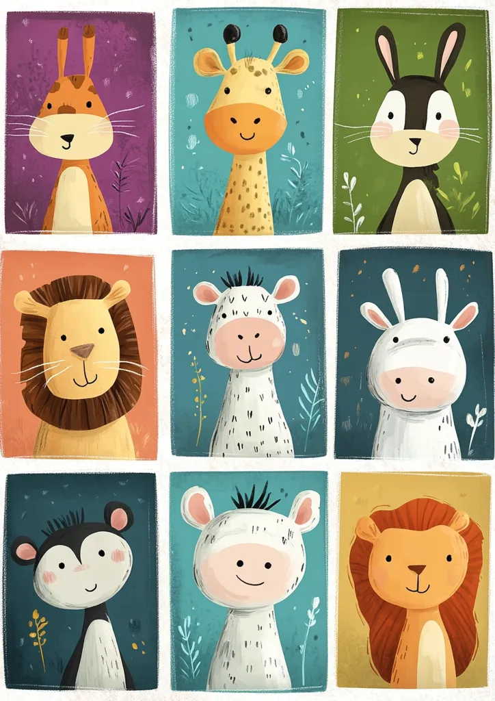 Nine illustrated animal portraits arranged in a grid.  Each animal, including a rabbit, giraffe, lion, zebra, and a lamb, is depicted in a simplistic, childlike style within a colored square frame. The backgrounds feature subtle textures and small floral elements. The overall aesthetic is charming and suitable for children's décor.
