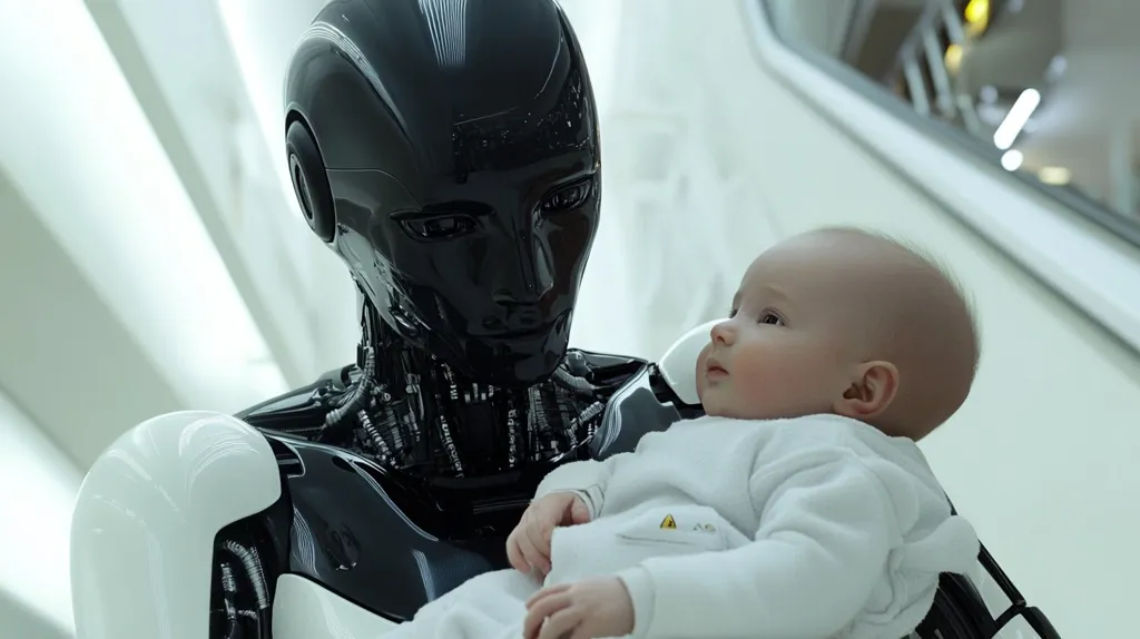 A sleek, black and white humanoid robot gently cradles a baby in its arms.  The robot's face is smooth and expressive, while the baby gazes off to the side. The setting appears to be a modern, minimalist interior.  The image evokes a futuristic or science fiction theme, questioning the role of robots in childcare or human connection.