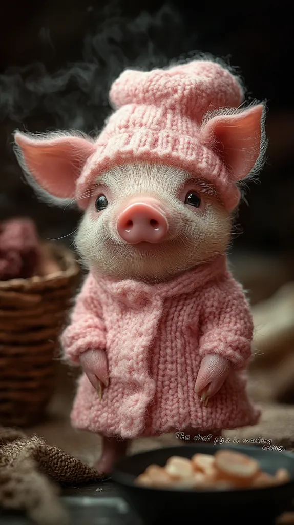 A miniature pig, dressed in a pink knitted hat and cardigan, stands attentively near a small pan of steaming food.  The pig's expression is sweet and innocent, enhancing its endearing appearance. The overall scene is warm and cozy, suggesting a homely and charming atmosphere.  The image is professionally lit and styled, creating a visually appealing and whimsical image.