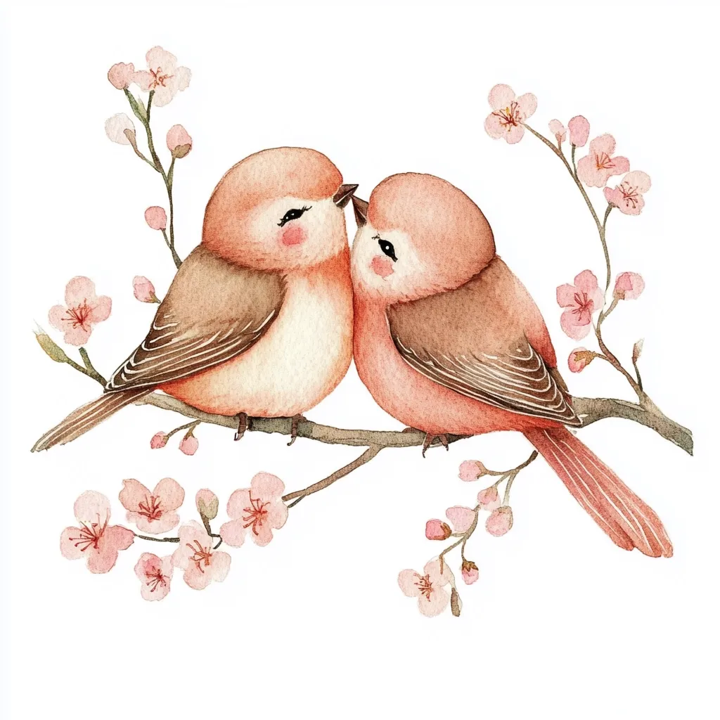 A watercolor painting depicts two adorable, rosy-hued birds nestled closely together on a blossoming cherry branch.  The birds are delicately rendered, their soft plumage and gentle expressions conveying a sense of affection.  Delicate pink cherry blossoms surround the birds, adding to the sweet and romantic atmosphere of the artwork. The overall style is charming and whimsical.