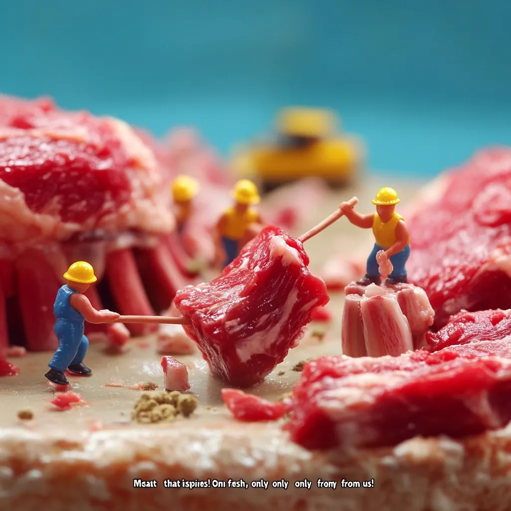 Tiny construction workers meticulously move large chunks of raw red meat using miniature tools.  The scene is a whimsical diorama, with the meat pieces forming a landscape.  A yellow construction vehicle is blurred in the background. The overall effect is humorous and surreal.