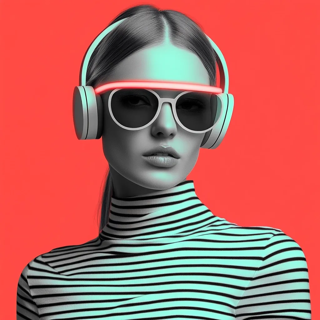 A stylish woman with a sleek ponytail wears large, white headphones and sunglasses with a vibrant red neon accent.  She's dressed in a teal and black horizontally striped turtleneck sweater, set against a bold red background. The image is a striking blend of monochrome and bright color, creating a contemporary and fashionable aesthetic.