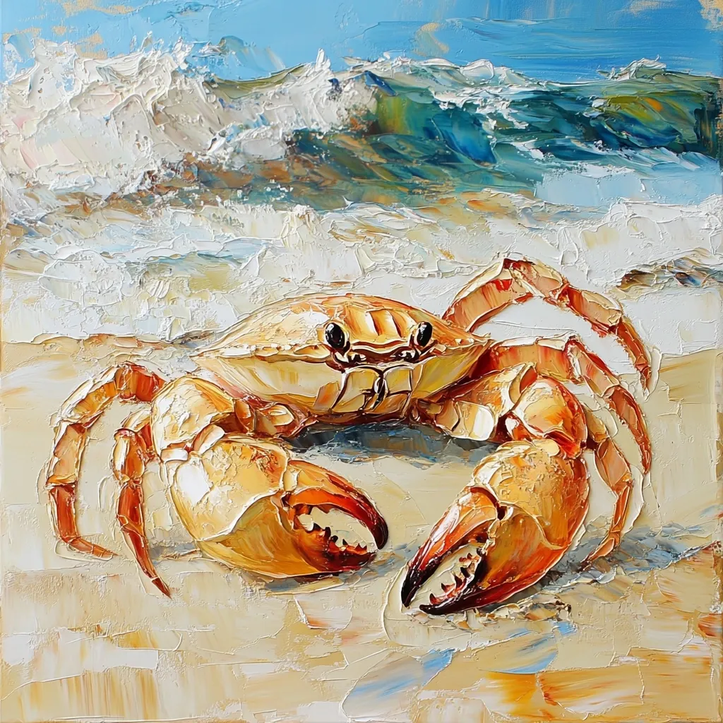 A vibrant oil painting depicts a large crab on a sandy beach with ocean waves in the background. The crab is positioned centrally, its claws prominently displayed. The artist uses impasto techniques, creating a textured surface with visible brushstrokes.  The waves are depicted with dynamic, swirling colors, suggesting movement and energy, contrasting with the crab's stillness.  The overall palette is warm, with sandy yellows and oranges dominating the foreground.