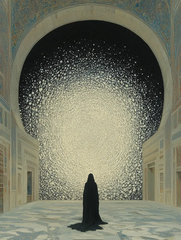 A cloaked figure stands before a large, arched doorway within an ornate, palatial structure.  The doorway reveals a swirling, cosmic scene of countless light points expanding from a central core, filling the space with ethereal beauty.  The contrast between the architectural grandeur and the otherworldly display creates a sense of awe and mystery. The image evokes a feeling of contemplation and the vastness of the universe.