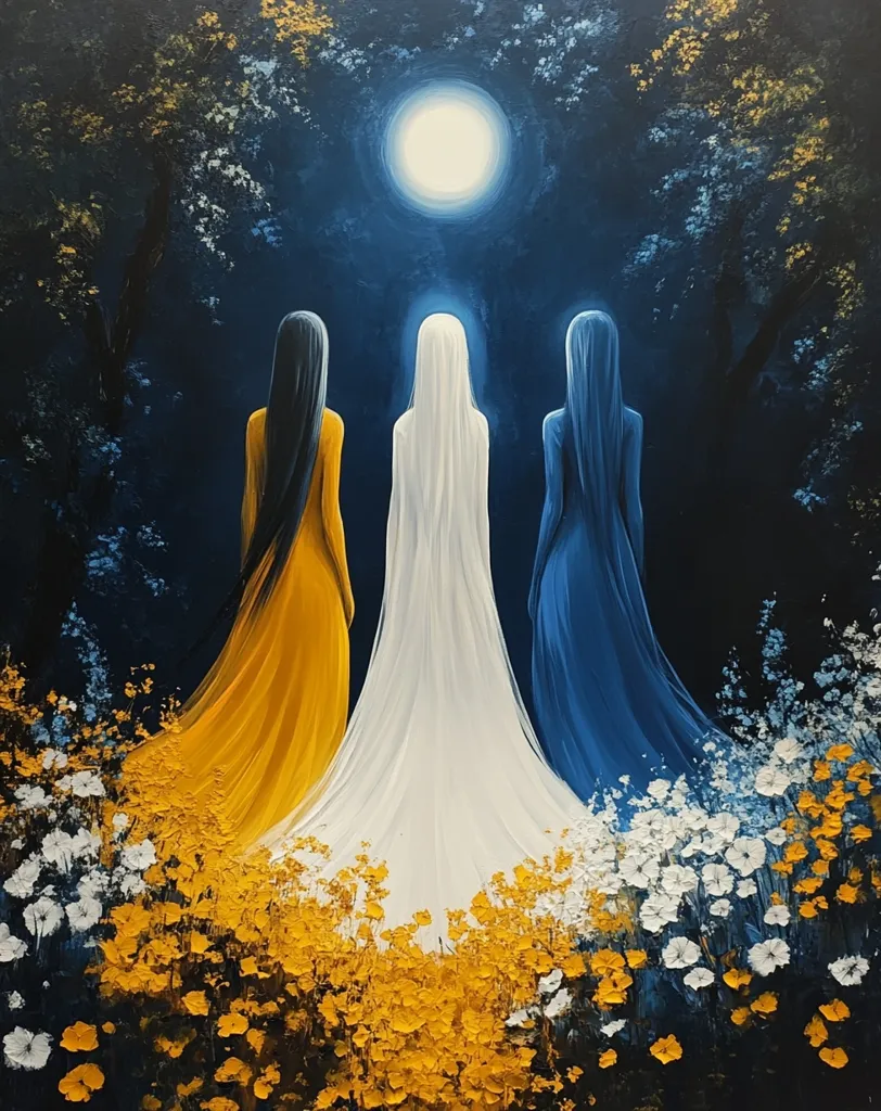 Three women in yellow, white, and blue gowns walk through a moonlit forest.  Their long gowns flow over a field of white and yellow flowers. The scene is painted in a stylized, dreamlike manner with a dark blue background and a bright full moon.  The overall mood is serene and mystical.