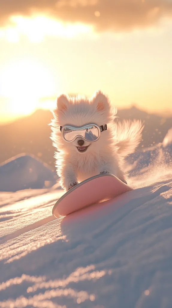 A fluffy white Pomeranian puppy, wearing ski goggles, enjoys a snowy adventure.  It rides a pink snowboard down a gentle slope, bathed in the warm glow of a setting sun. The scene is idyllic and playful, capturing the joy of winter fun.  The puppy's expression is one of happy determination as it navigates the snow.
