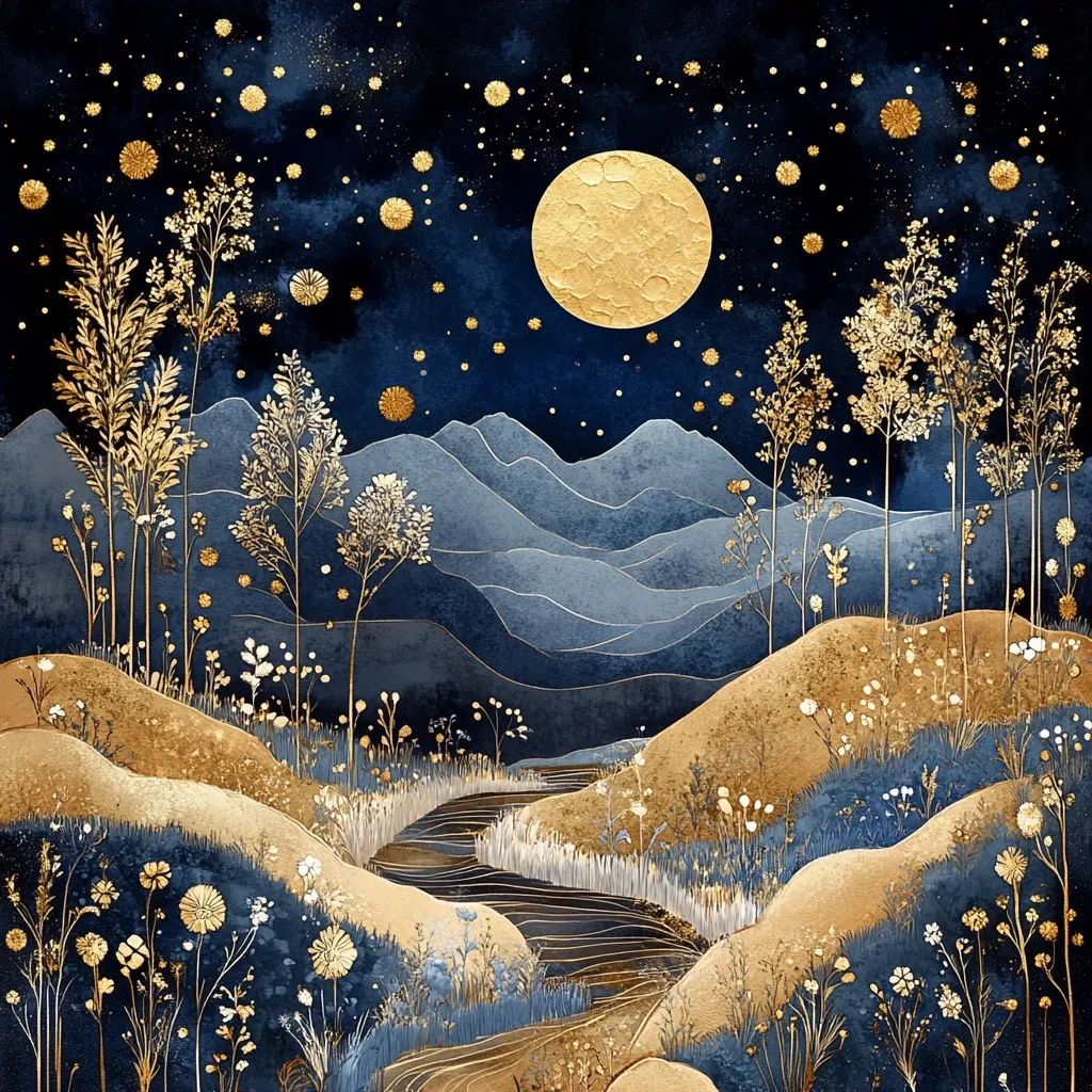 A serene nightscape unfolds, featuring a large, gold-toned moon amidst a dark blue, star-speckled sky.  Gentle, rolling hills in shades of blue and gold are dotted with delicate, gold-leafed trees and wildflowers. A meandering stream flows through the landscape, adding to the peaceful and ethereal ambiance.  The artwork's combination of gold and blue creates a luxurious and dreamlike feel.