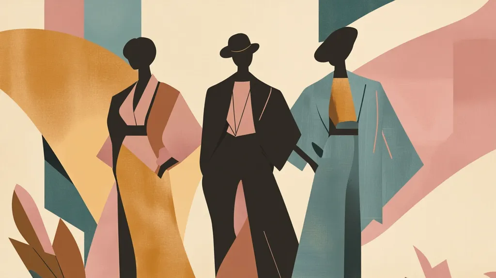 Three stylized female figures stand in a row, each wearing distinct attire against an abstract background of muted earth tones and soft geometric shapes.  The woman in the center wears a hat and a dark suit. The woman on the left wears a flowing, long robe in shades of pink and gold. The woman on the right wears a teal coat and trousers.  The overall style is modern and minimalist.