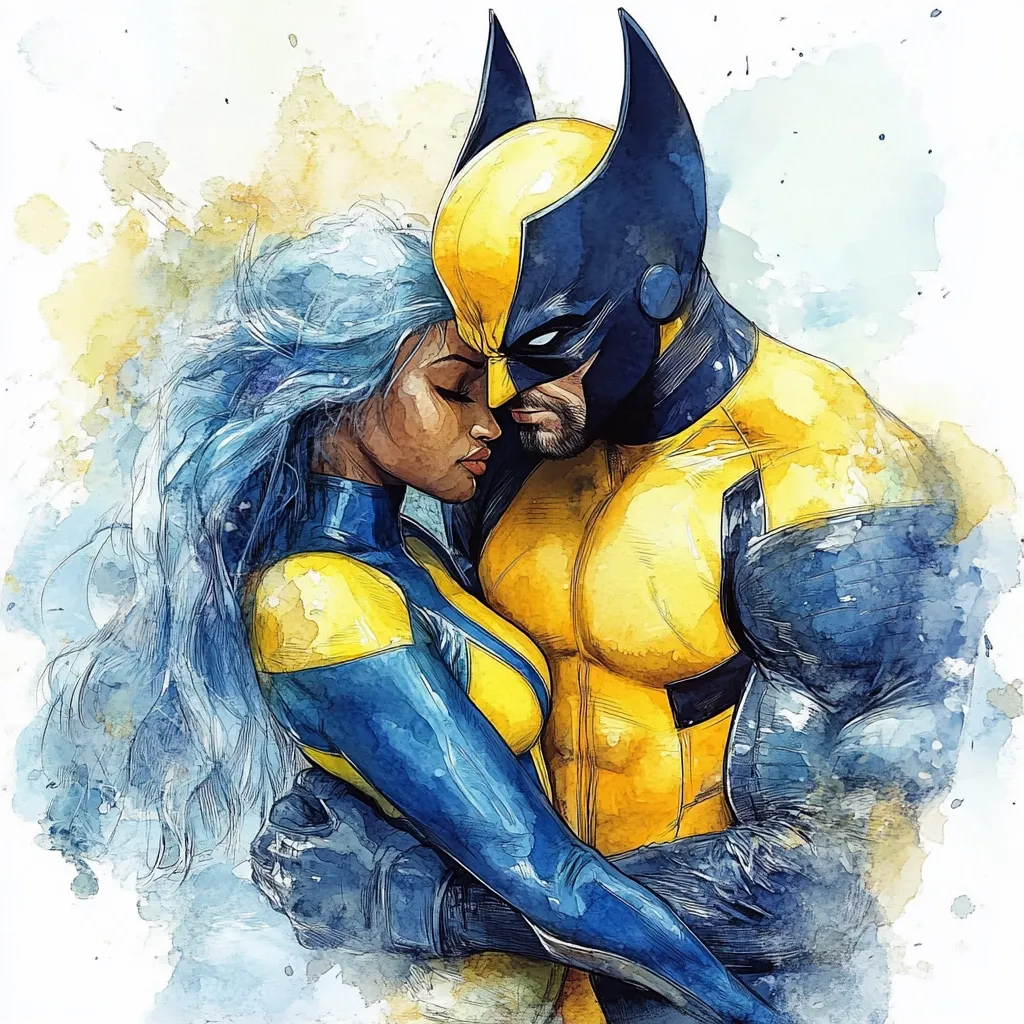 A watercolor painting depicts Wolverine and Storm in an embrace.  Wolverine, in his iconic yellow and blue suit, holds Storm close. Storm's long blue hair cascades around her, her face serene as she rests against his.  The artwork is rendered in a vibrant, expressive style with soft watercolor washes creating a romantic and intimate mood. The contrasting colors of their costumes are striking against the soft background.