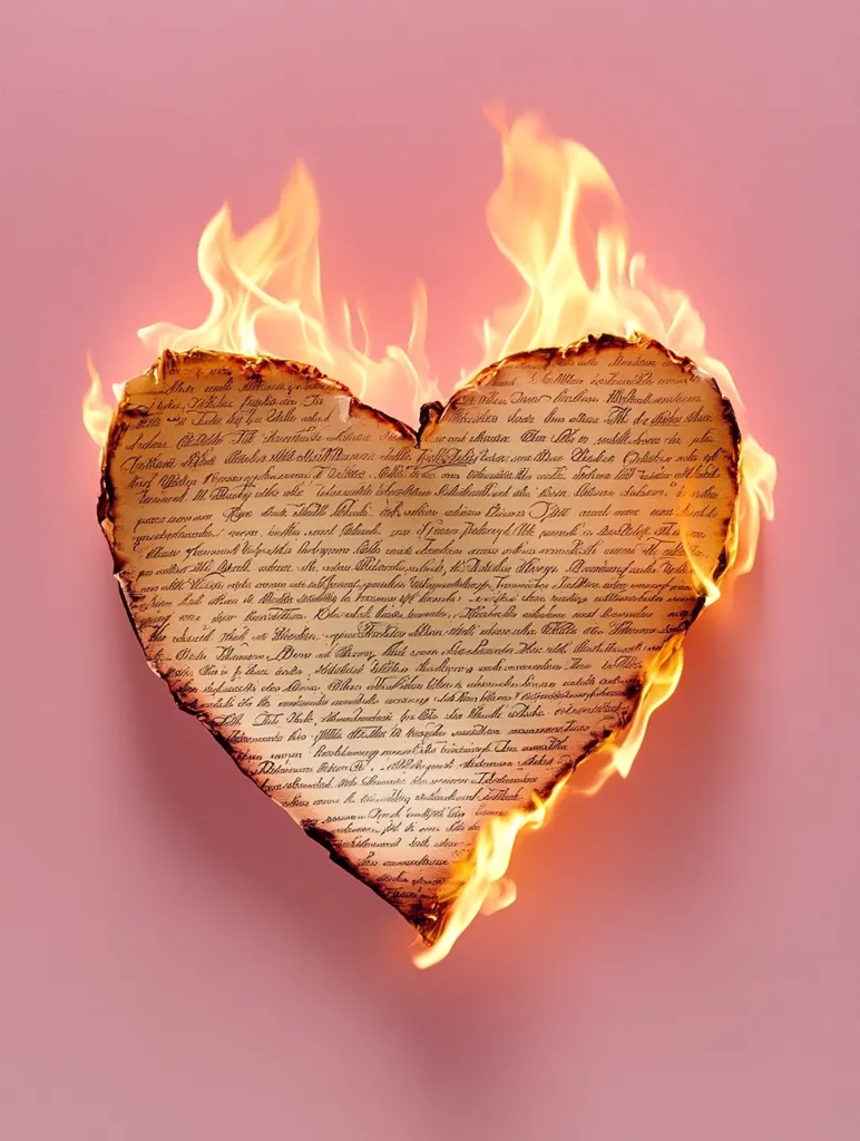 A heart-shaped piece of paper, covered in illegible cursive script, is engulfed in flames. The burning paper is set against a pale pink background. The image suggests themes of heartbreak, lost love, or the destruction of a memory. The intense fire contrasts with the delicate shape of the heart, creating a visually striking image.
