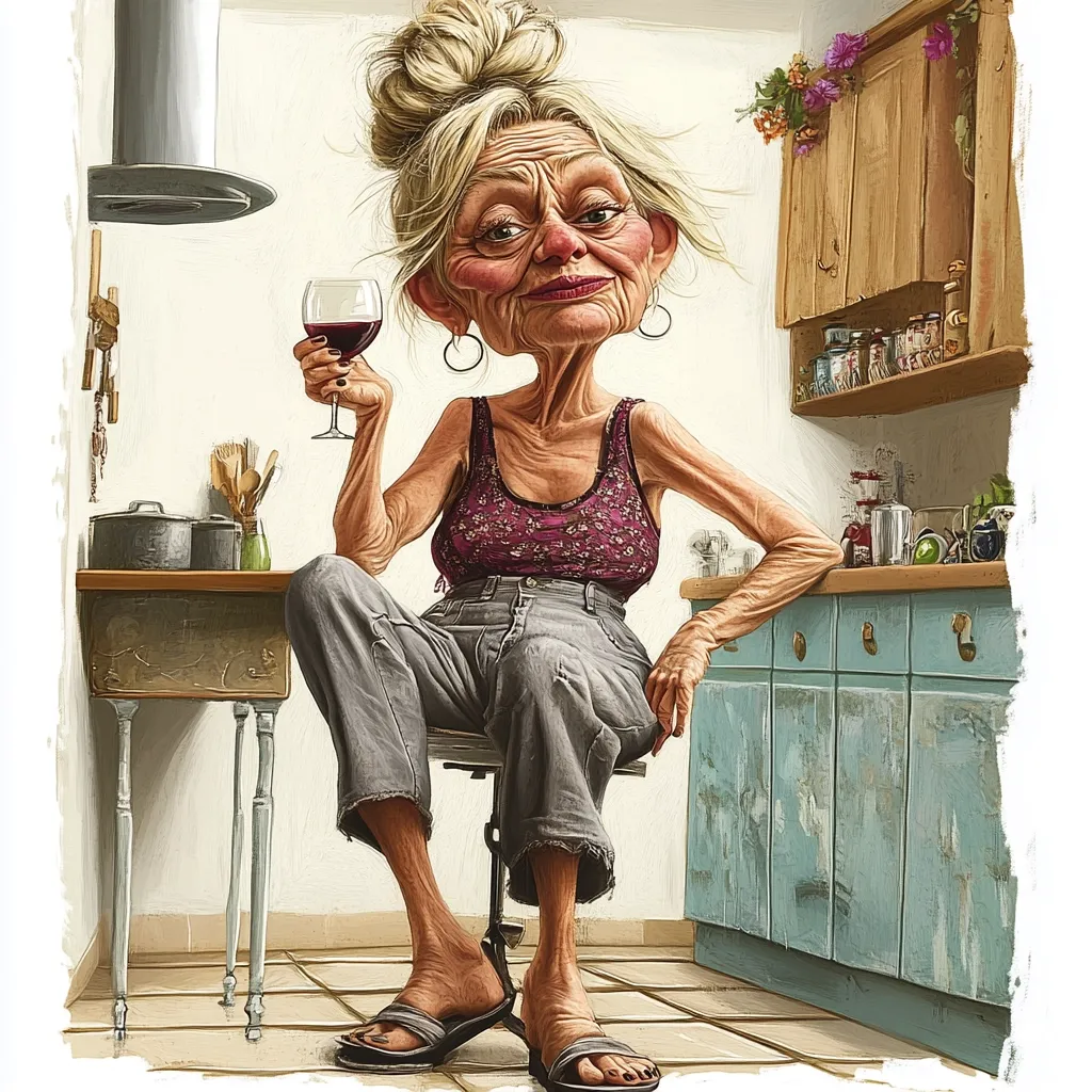 A caricature of an elderly woman with exaggerated features sits in a kitchen.  She holds a glass of red wine, wearing a burgundy camisole and grey pants.  The kitchen is simply furnished with light blue cabinets and a wooden table.  The style is painterly, with visible brushstrokes and a slightly humorous tone.  Her expression is one of quiet contentment.