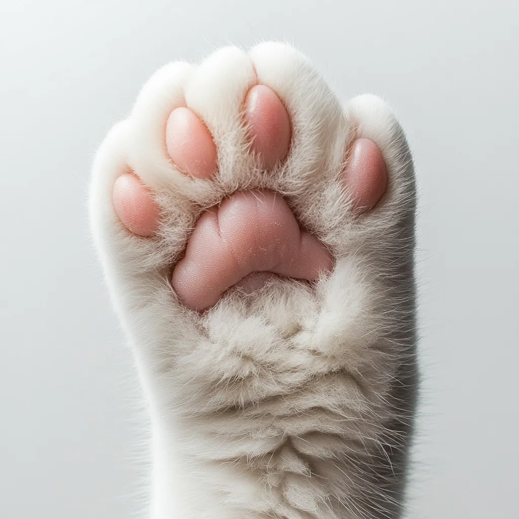 A close-up shot reveals the delicate pink paw pads of a white cat.  Five toes are clearly visible, nestled within soft, white fur. The image emphasizes the texture and subtle color contrast between the paw pads and the surrounding fur.  The overall impression is one of softness and gentle beauty.