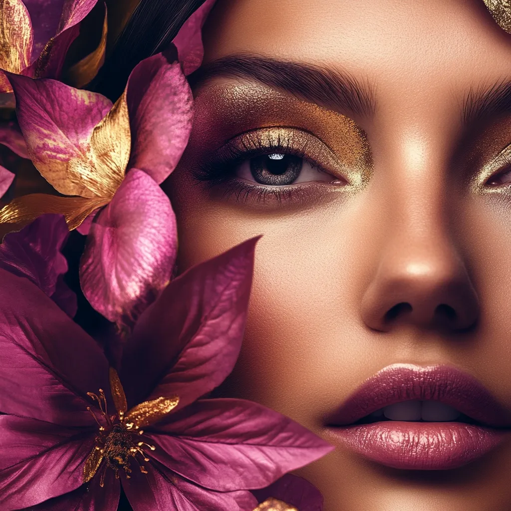 Close-up of a woman's face, partially obscured by deep pink flowers with gold accents. Her makeup features a shimmering gold eyeshadow and a mauve lipstick. The image is styled for a luxurious and glamorous aesthetic, emphasizing the model's beauty and the rich colors of the flowers. The lighting is soft and enhances the texture of both skin and petals.