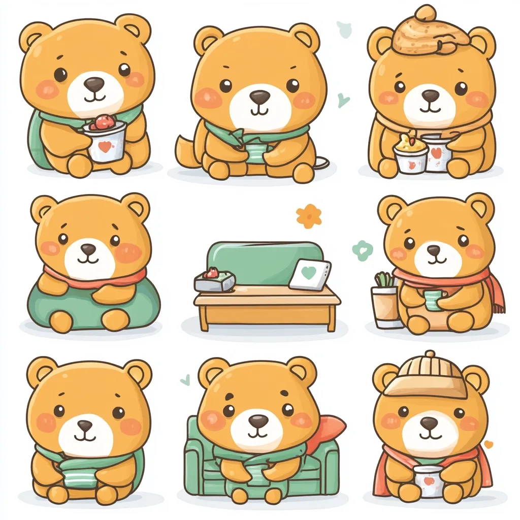 Nine adorable cartoon bears in various cozy winter outfits are depicted.  Some are enjoying hot drinks, others are nestled in blankets or on furniture.  They are all light orange with charming expressions, exuding warmth and comfort. The overall style is cute and whimsical, perfect for children's books or merchandise.