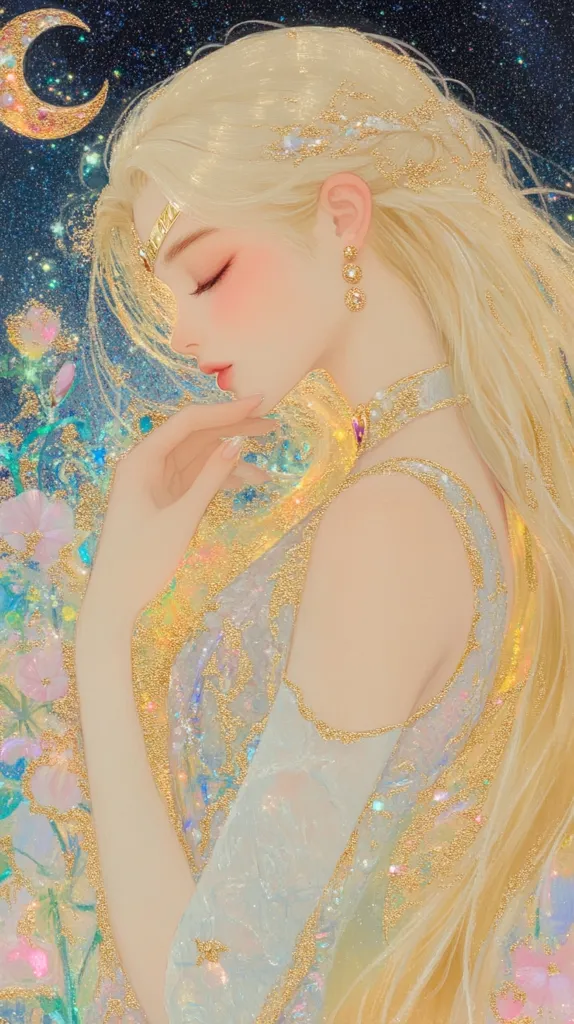 A dreamy illustration depicts a fair-skinned woman with long blonde hair adorned with gold accents.  She wears a shimmering, light-blue gown embellished with gold glitter, creating a celestial atmosphere.  A crescent moon and stars form a backdrop, enhancing the ethereal quality of the image.  Her gentle expression and delicate pose contribute to the overall serene and magical feel.