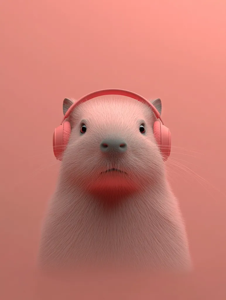 A fluffy, light pink capybara sits center frame against a matching background.  The capybara wears a pair of coral-pink headphones, its expression serene and slightly curious.  The image is minimalist and stylized, with a soft, muted color palette emphasizing the animal's texture and the headphones' contrast. The overall aesthetic is calming and whimsical.