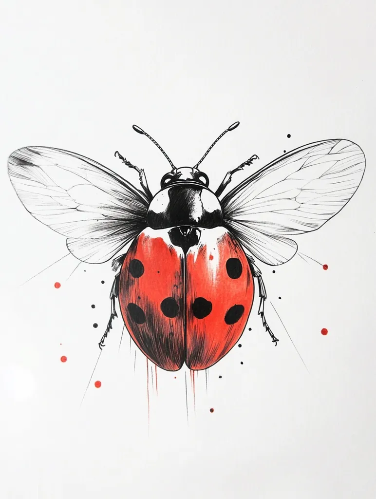 A detailed pen and ink drawing showcases a ladybug with its wings spread. The ladybug's body is rendered in shades of red and black, highlighting its intricate details.  Its wings are delicately outlined, creating a sense of lightness and movement.  Red ink splatters around the ladybug add a dynamic touch to the minimalist white background. The style is both realistic and artistic, capturing the insect's beauty with precision.