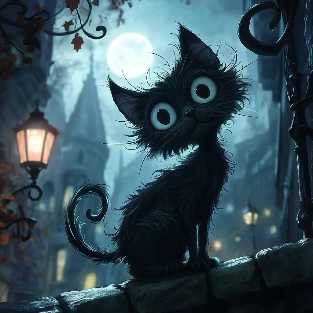 A whimsical, fluffy black cat with large, expressive eyes sits on a stone wall under a full moon.  The backdrop is a dimly lit, gothic-style cityscape with streetlights and ornate ironwork.  The cat's playful posture and the overall ambiance evoke a charmingly spooky, Halloween-esque atmosphere.  The artwork is highly stylized, with a focus on texture and mood.