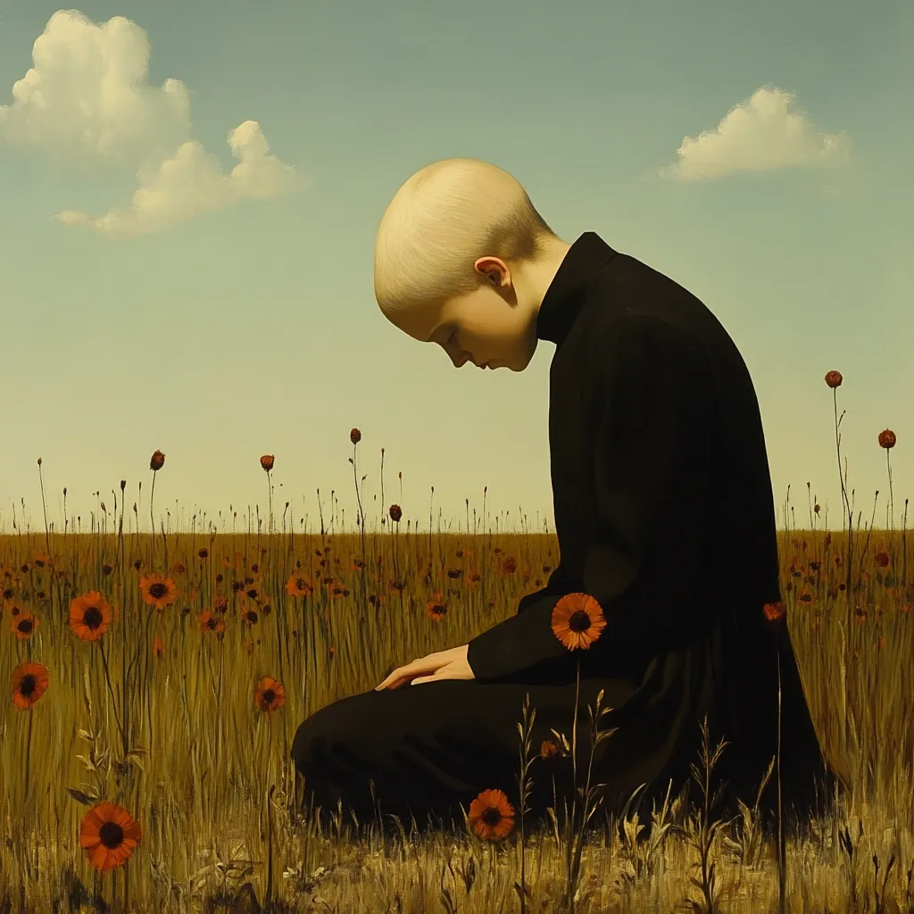 A bald child, dressed in a dark, long-sleeved garment, kneels in a field of reddish-orange wildflowers under a pale sky.  The child's head is bowed, conveying a sense of quiet contemplation or sadness. The overall tone is serene yet melancholic, with the vastness of the field emphasizing the child's smallness and vulnerability.  The style suggests realism with a subtle dreamlike quality.