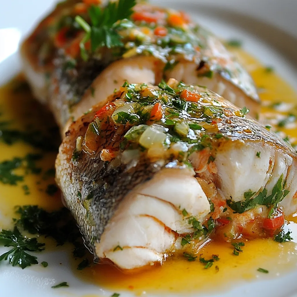 A close-up shot showcases a delectable dish of roasted fish fillets, elegantly arranged on a white plate. The fish is generously drizzled with a vibrant, citrusy sauce, studded with finely chopped parsley, onions, and red peppers. The glistening sauce adds a delightful contrast to the flaky, white fish, creating a visually appealing and appetizing culinary masterpiece.