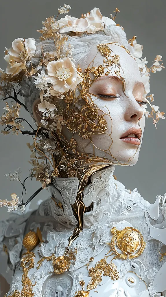 A captivating portrait showcases a model adorned in an intricate ensemble of white and gold.  Delicate, creamy flowers crown her head, while gold leaf and wire create a striking mask and bodice. The overall effect is one of ethereal beauty, blending organic floral elements with metallic, almost robotic textures. The model's serene expression adds to the image's mystique.