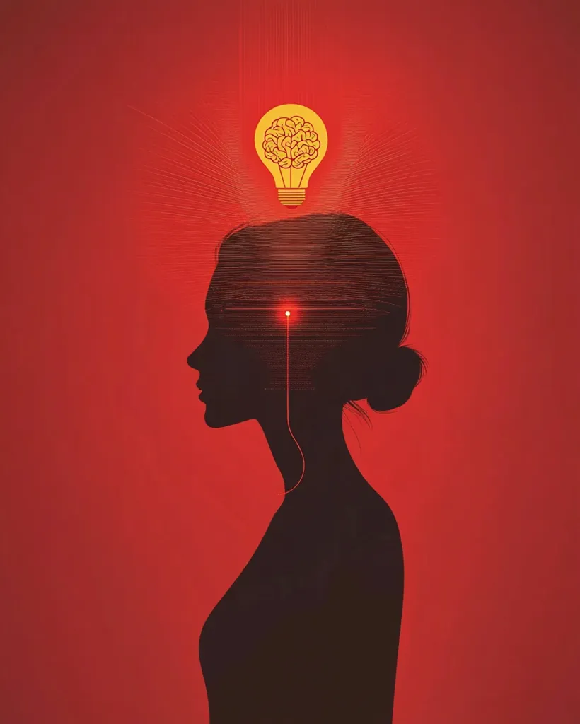 A minimalist illustration depicts a woman's silhouette in profile against a vibrant red backdrop.  Above her head, a lightbulb containing a brain graphic radiates light, symbolizing an idea or inspiration.  A thin red line connects the lightbulb to the woman's head, visually representing the connection between thought and innovation. The overall style is sleek and symbolic.