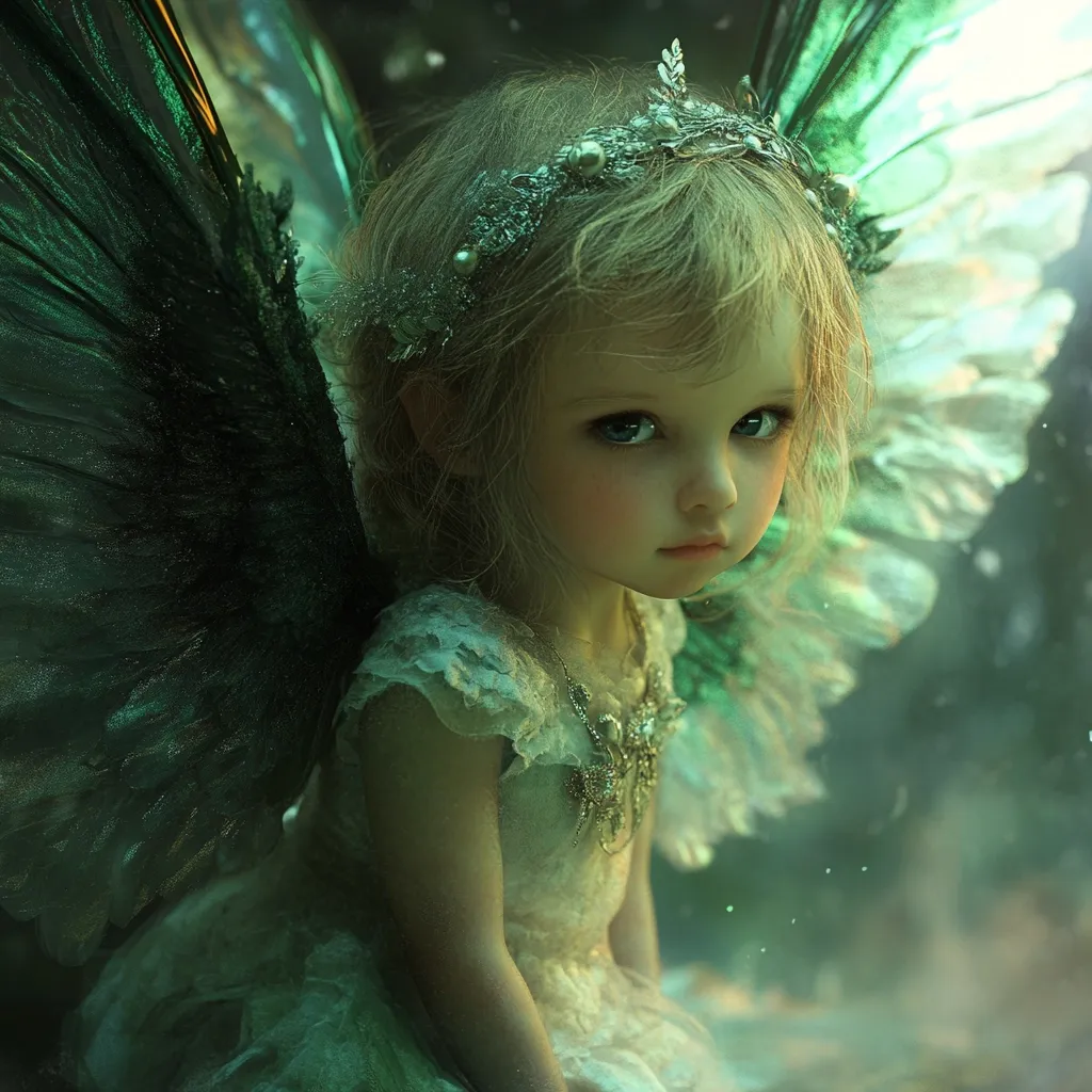 A young girl, seemingly a fairy, with delicate blonde hair and a pensive expression, is depicted. She wears a white lace dress adorned with a jeweled necklace and a silver crown.  Large, iridescent green wings sprout from her back, contrasting with her ethereal appearance. The scene is softly lit, creating a mystical and enchanting atmosphere.