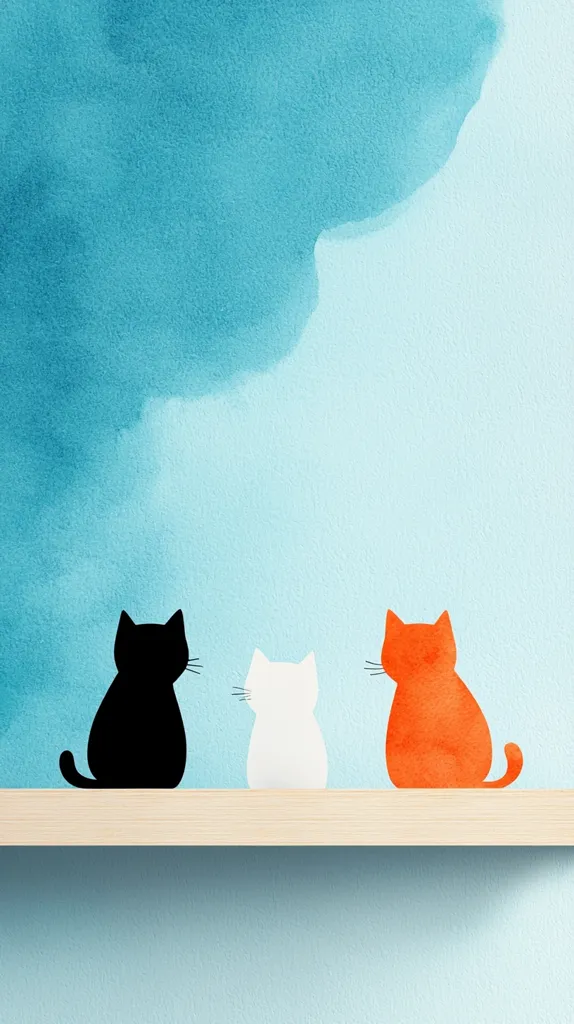 Three stylized cats, black, white, and orange, sit in a row on a light wooden shelf against a light blue watercolor background.  The cats are simple silhouettes, facing away from the viewer. The background features a large, abstract teal watercolor wash at the top. The overall aesthetic is minimalist and calming.