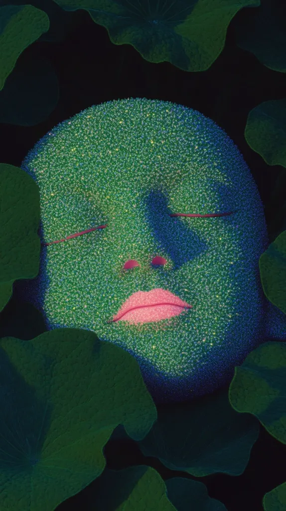 A stylized face, seemingly composed of glittering particles, rests peacefully amidst large, dark green leaves.  The face is serene, eyes closed, and the skin shimmers with an ethereal glow.  The contrast between the textured face and the smooth leaves creates a visually striking and surreal image, evoking a sense of calm and mystery.  The overall color palette is deep and cool, dominated by shades of green and teal.