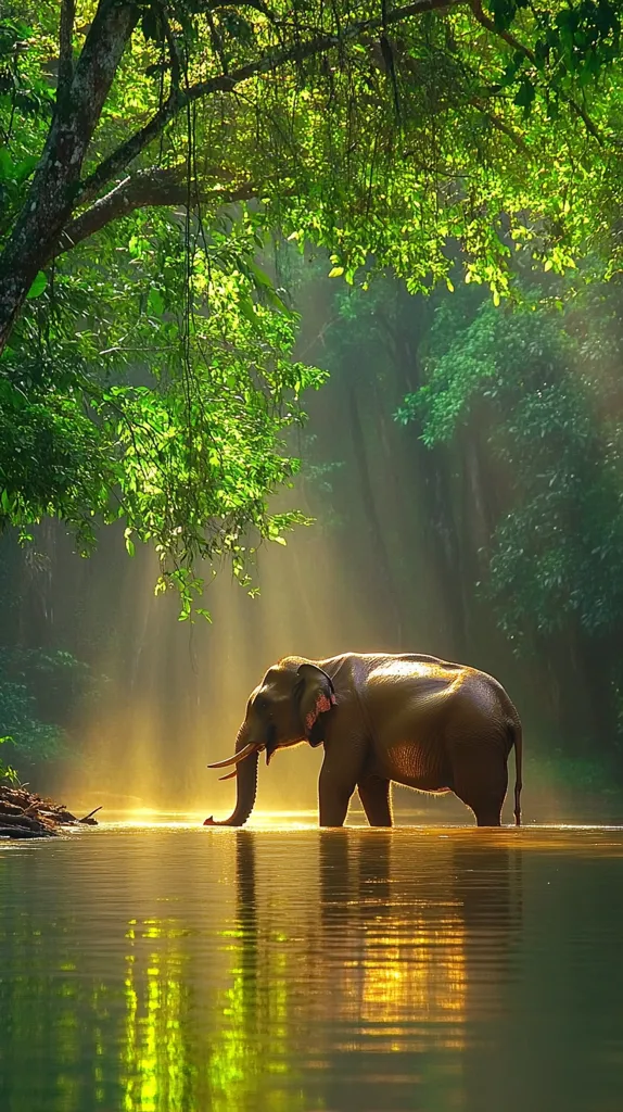 A lone elephant stands in a calm, sunlit river, its reflection mirroring the tranquil scene.  Lush green foliage frames the image, with sunlight filtering through the dense canopy, creating a magical, serene atmosphere within the jungle. The elephant appears peaceful, a majestic creature in its natural habitat.